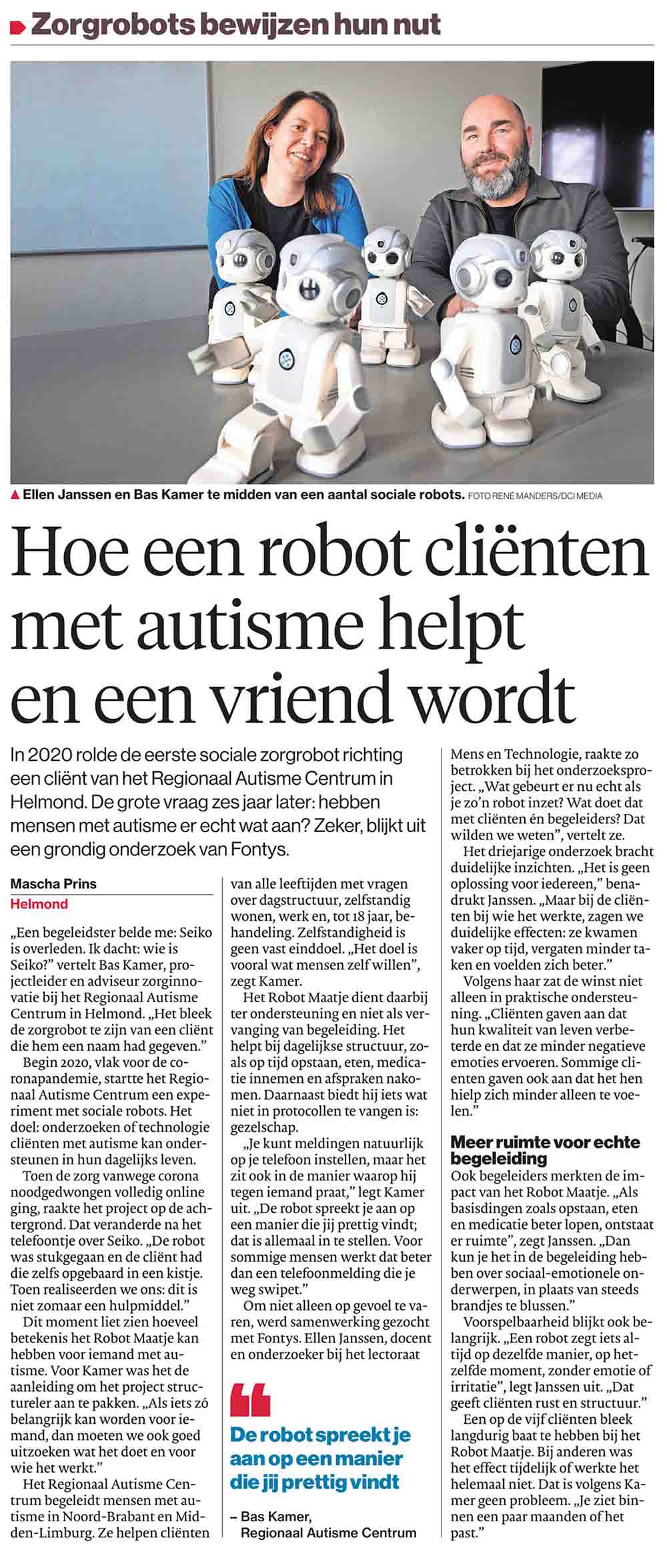 Robot Maatje helpt cliënten met autisme bij dagelijkse routines en biedt structuur, gezelschap en zelfstandigheid (onderzoek Fontys Hogeschool).